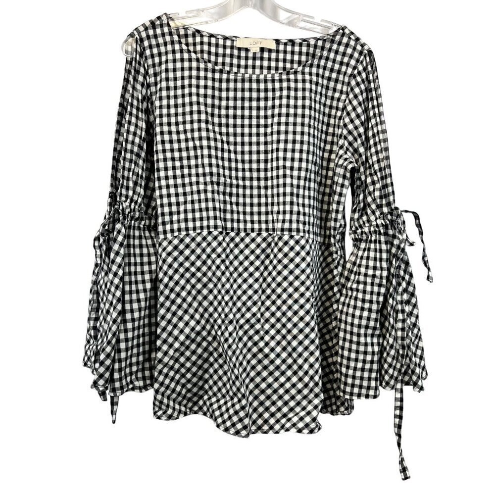 Ann Taylor Loft Split Bell Sleeve Gingham Top Black/White Size Medium